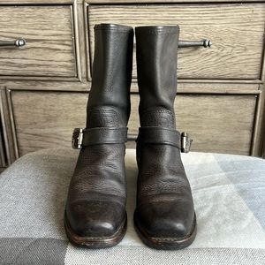 FRYE Moto Engineer Buckle Square Toe Black Distressed Leather Cuban Heel Boots